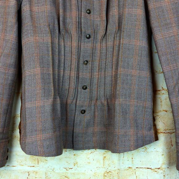 Free People Jacket Size 2 Brown Plaid Wool Button Pin Tuck Ruffle Back Military - Picture 5 of 13